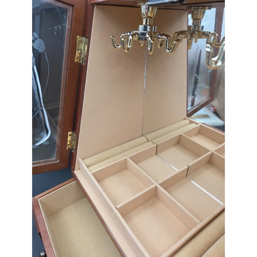 Vintage Wooden Jewelry Box Armoire Etched Glass Doors Rotating Carousel Mirror
